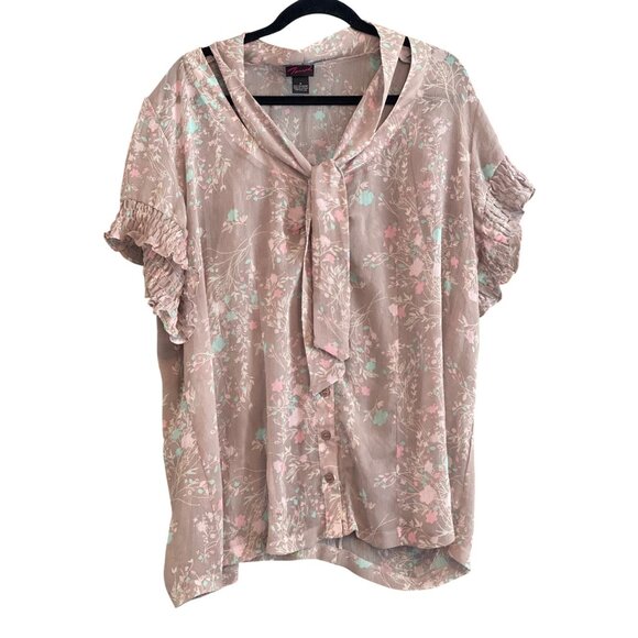 Torrid Blouse Gray Pink Teal Floral Button Front Tie Sheer Top Women 3 - Picture 2 of 8